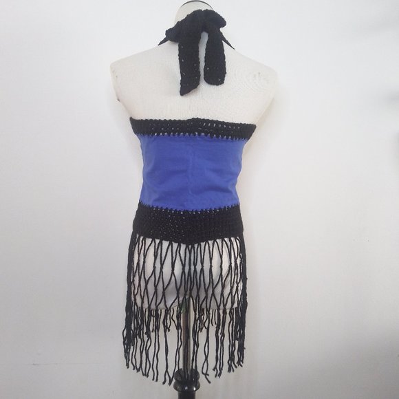 Sexy Boho Handmade DOUBLE DARE Royal Blue Cropped Halter Top w/ Fringes - Picture 3 of 7